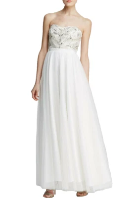 Vestido formal AIDAN MATTOX ~ Marfim chiffon corpete frisado namorada 4 NOVO $595 - Imagem 1 de 4