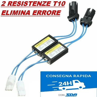 COPPIA RESISTENZE CANBUS T10 - W5W ELIMINA ERRORE LUCE FULMINATA LUCI A LED AUTO - Immagine 1 di 3