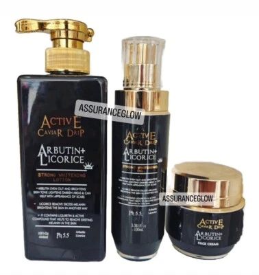 Active Caviar Drip Arbutin Vitamin & Licorice Lotion + Face Cream + Oil.