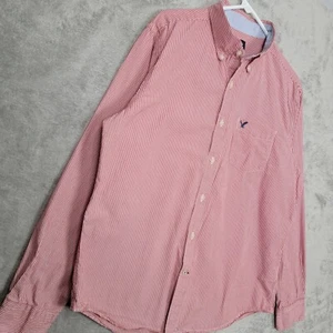 American Eagle Classic Fit Mens Size Large Red Striped Casual Button Front Shirt - Picture 1 of 11