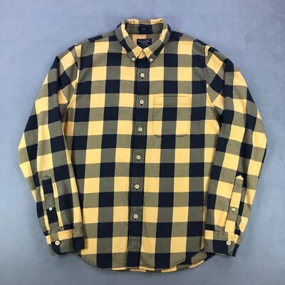 Abercrombie Fitch Shirt Mens XL Yellow Navy Blue Buffalo Check Slim Fit Flannel - Image 1 of 4
