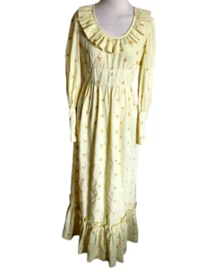 70s Prairie Maxi Dress Bonnet Butter Yellow Cottage Core Bubble Sleeve Ruffles - Picture 1 of 10
