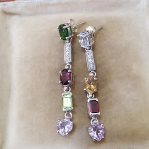925 Sterling Silver Earrings, Multi Gemstones Party Earrings, Aquamarine, Garnet - Picture 1 of 7