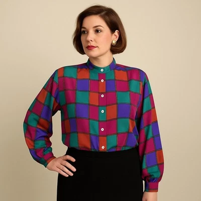 Vintage Liz Claiborne 80s 90s Oversized Plaid Blouse 14 Colorful Check Shirt - Image 1 of 4