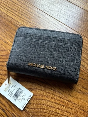 MICHAEL KORS JET SET VIAJE MEDIANO CREMALLERA ALREDEDOR TARJETERO CARTERA MK CUERO NEGRO Foto 1 de 4