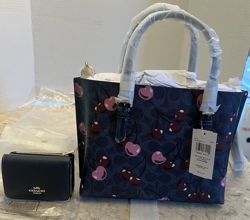 Borsa Coach Mollie Tote Bag 25 firmata tela ciliegia denim CZ772 e portafoglio CZ448