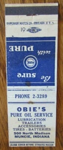 OBIE'S PURE OIL GAS STATION MATCHBOOK MATCHCOVER: MUNCIE, INDIANA -G19 - Picture 1 of 1