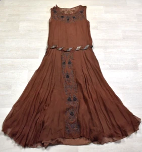 Antique 1920’S Heavily Beaded Brown Silk Chiffon Flapper Dress Great Gatsby VTG - Picture 1 of 11