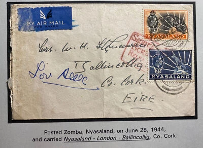 1944 Zomba Nyasaland War Time correo aéreo cubierta censurada a Cork Irlanda Foto 1 de 3