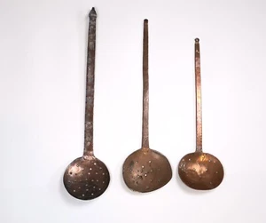 3 Vintage Country Kitchen Large Handcrafted Copper Strainer Sieve Skimmer 19” - Picture 1 of 10