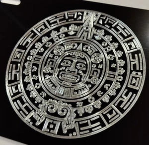 Mayan Aztec Calendar Car Tag Diamond Etched Engraved Black Metal License Plate - Picture 1 of 7