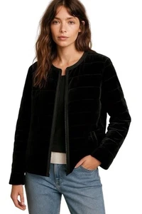 EILEEN FISHER Jacke L Samt Seidenmischung Full Zip gesteppt gefüttert isoliert schwarz - Bild 1 von 17