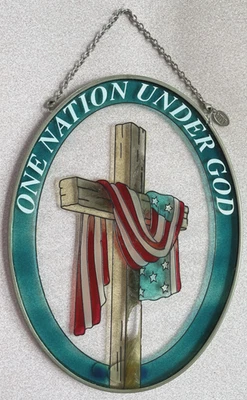 Vintage Amia Stained Glass Hanging Sun Catcher US Flag Draped on Cross  Amia Tag - Image 1 of 4