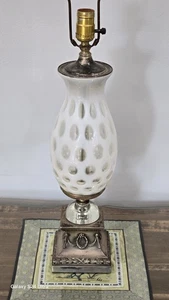 Vintage MCM Fenton White Silver Glass Coin Dot SilverEmpire Table Lamp - Picture 1 of 7