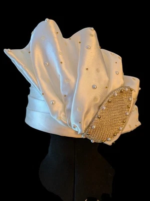 Whitehall And SHON  Hat Cream White Pillbox Wedding Turban Gold Silver VINTAGE - Image 1 of 4