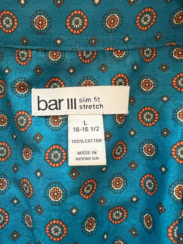 Camisa social masculina Bar III abotoada, slim fit, algodão orgânico elástico, L 16-16.5 - Imagem 1 de 4