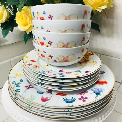 Disney Winnie The Pooh Set Salad Dinner Plate Bowl Easter Floral Spring Bees! - Image 1 of 4