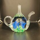 Joe St. Clair Teapot Paperweight Clear Art Glass with Crocus Flowers