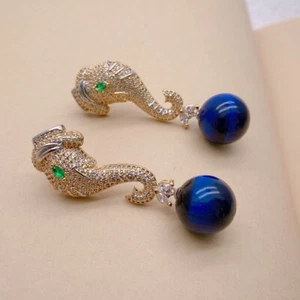 Round Blue Tiger Cz Pave Elephant Gold Plated Fashion Stud Earring - Picture 1 of 5