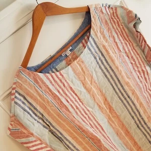 LL Bean Signature Blouse Womens Large Striped 100% Linen Tie Waist Boho T-2 - Picture 1 of 9