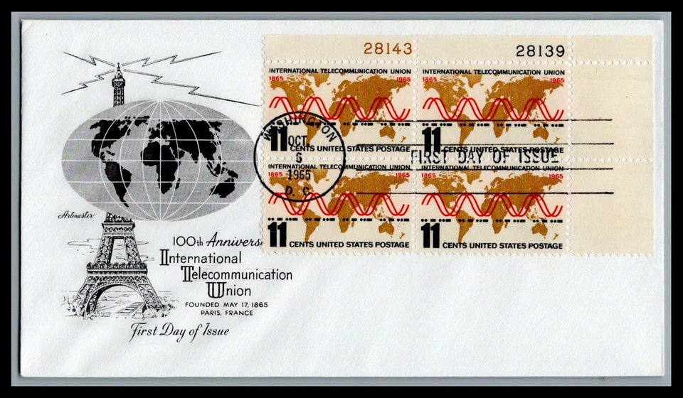 US FDC # 1274 11c Telecommunications Artmaster Plate Block 43/39 UR 1965, 9L482 - Image 1 of 1