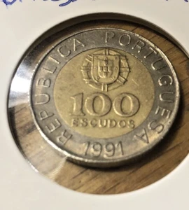 PORTUGAL 1991 XF-40 BI-METALLIC 100 ESCUDOS COIN - Picture 1 of 2