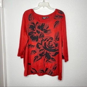 New Onque Casual Red Floral Stretch Fabric Top size 1X - Picture 1 of 8
