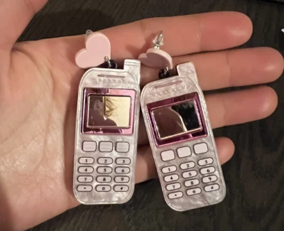 Розовый сотовый телефон мобильный сердце Harajuku китч ретро винтажный причудливый капли серьги - Изображение 1 из 4