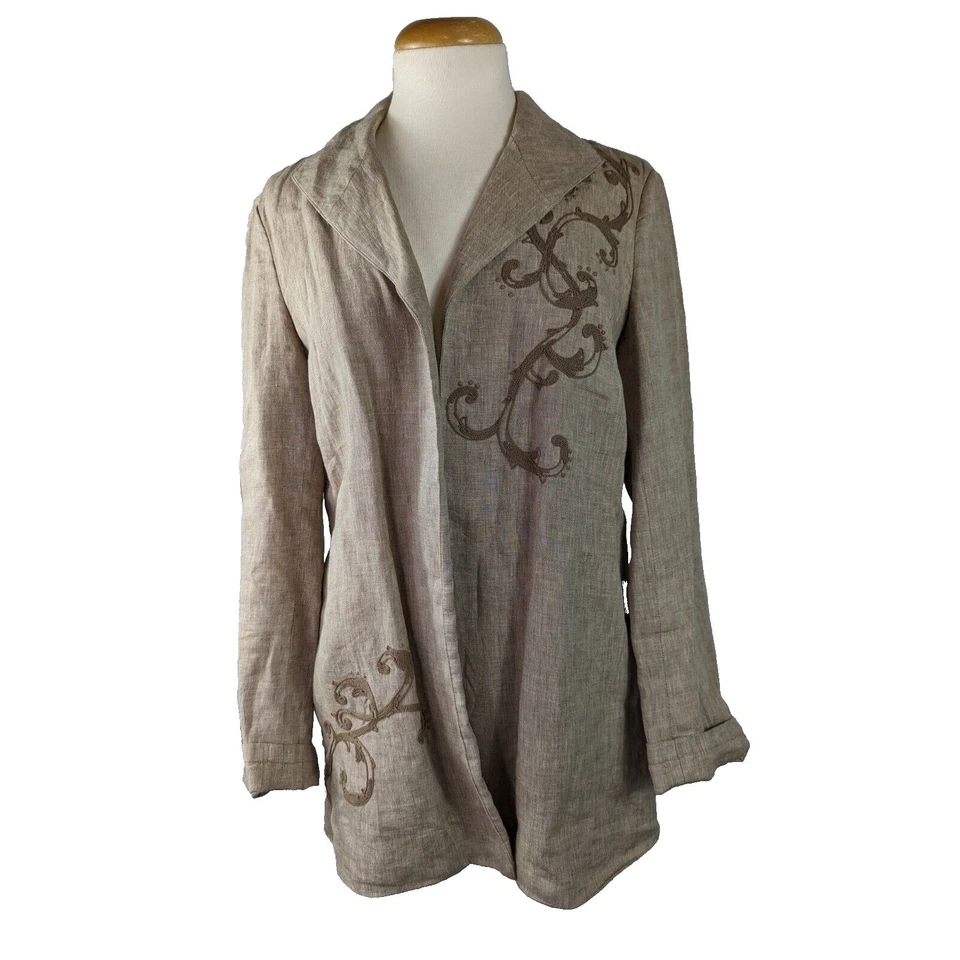 Chaqueta Cárdigan Coldwater Creek Mujer Lino Beige Bordado Ventilado Boho Talla 4 Foto 1 de 4