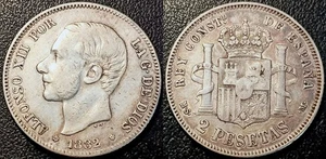 Spain - Alfonso XII - 2 Pesetas Silver 1882 MS-M, Madrid Ttb Km # - Picture 1 of 1
