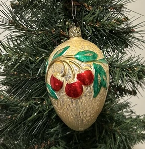 Vintage INGE GLAS Egg Cherry Motif Large 4” Glass Christmas Ornament Germany - Picture 1 of 9