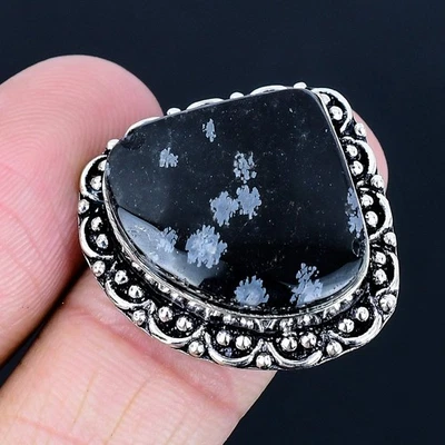 Anillo Hecho a Mano Copo de Nieve Obsidiana Chapado en Plata 925 de EE. UU. Talla 6 Foto 1 de 3