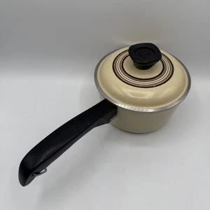 Vintage Club Cookware Small Sauce Pan Lid Beige Brown Stripes Aluminum 5.75" - Picture 1 of 10