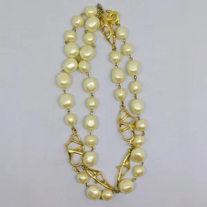 Vintage Les Bernard Faux Pearl God Tone Abstract Metal Link Necklace Rare - Picture 1 of 6