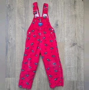Vintage OshKosh B'gosh 90s Red Couderoy Airplane Print Kids Overalls, Size 4T - Picture 1 of 7