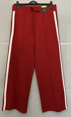 M&S High Rise Wide Leg side stripe Jersey Trousers joggers lipstick red Size 16  - Image 1 of 4