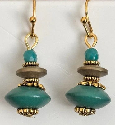 Gold Tone and Teal Bead Earrings. - Image 1 of 4