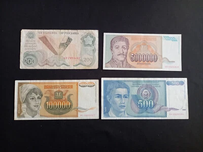 YOUGOSLAVIA 200 (1990) + 500 + 100000 + 5000000 DINARA Banknotes - Circulated - Image 1 of 2