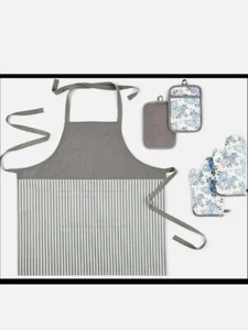 Martha Stewart 5-teiliges Küchenset 2 Ofenhandschuhe 2 Topflappen 1 Schürze grau-blau - Bild 1 von 11