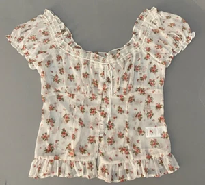 Urban Outfitters Sheer Pink Floral Puff Sleeve Off Shoulder Blouse size XL NWT - Picture 1 of 7