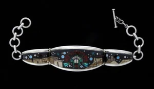 Inlay Pueblo Village & Monument Valley Scene With Indian Headdress Bracelet - Picture 1 of 2