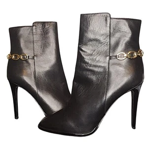 Diane von Furstenberg Leather "Beckett" Ankle Boots Gold Chain Detail Black 38 - Picture 1 of 8