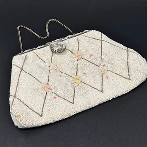 Vintage French Hand-Made Beaded Evening Purse With Floral Accents & Chain Strap - Picture 1 of 16