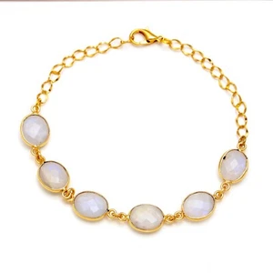 Rainbow Moonstone Gemstone Gold Plated 925 Sterling Silver Jewelry Bracelet 7-8" - Picture 1 of 6