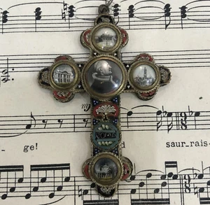 Antikes italienisches Mikromosaik Mikromosaik Kreuz / Kruzifix Papst Pius X um 1920 - Bild 1 von 5