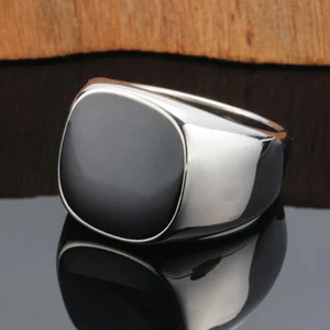 Vintage Black Enamel Wedding Ring Stainless Steel Silver Solid Back Size 7-13 - Picture 1 of 1