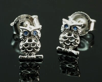 585 Weissgold 1 Paar Ohrstecker 14 Karat  MINI Eulen  Zirkonia saphir Augen - Bild 1 von 3