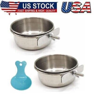 2PCS Bird Feeding Dish Cups with Spoon, Parrot Food Bowl Clamp Holder-Stainless - Picture 1 of 6