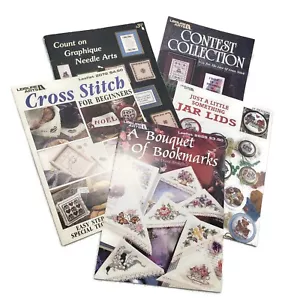 5 Vintage Cross Stitch Pattern Booklets Lot Bookmarks Jar Lids Contest Charts - Picture 1 of 12