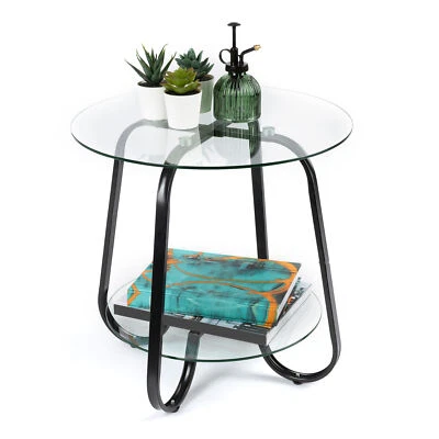 Round Sofa Side Table With Tempered Glass Top Living Room Furniture Coffee Tea  - Image 1 of 4